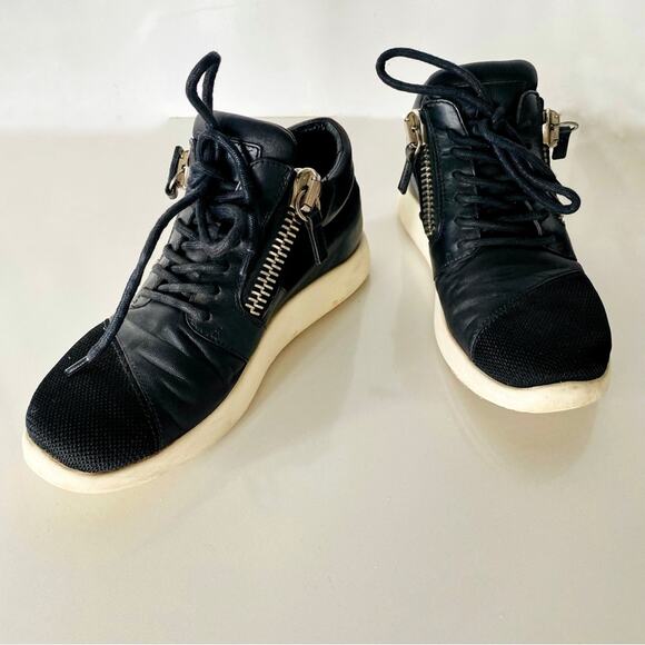 GIUSEPPE ZANOTTI Black White Leather Fabric Zipper Zip Lace Up Sneakers Shoes 37 - Picture 3 of 16